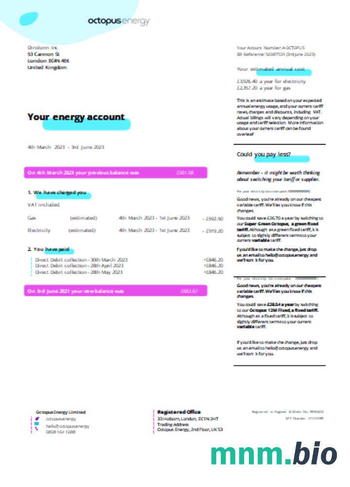 Octopus Energy rachunek za usługi komunalne strona 1